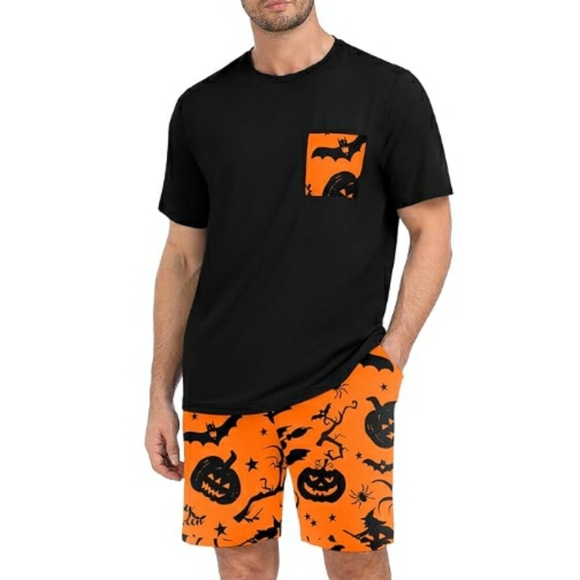 Men's Pajama Set Sleepwear Lightweight Short Sleeve Black /Orange